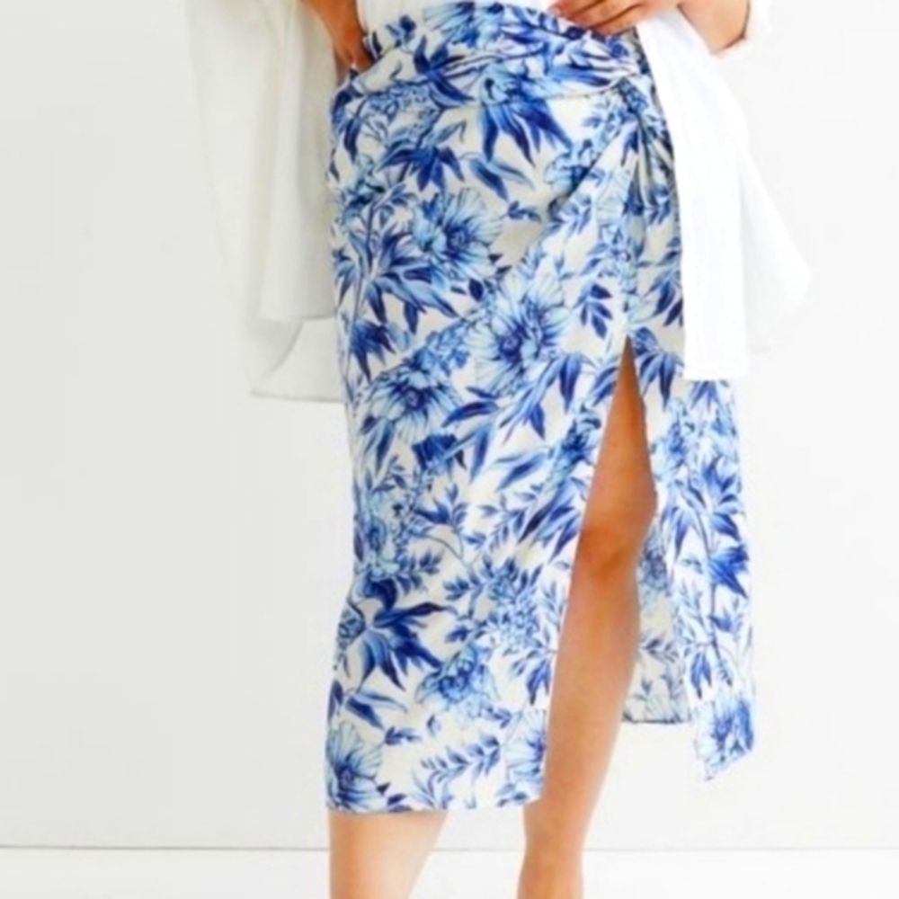 NWT H&M Linen Blend Floral Faux Wrap Skirt Blue White Size 10
